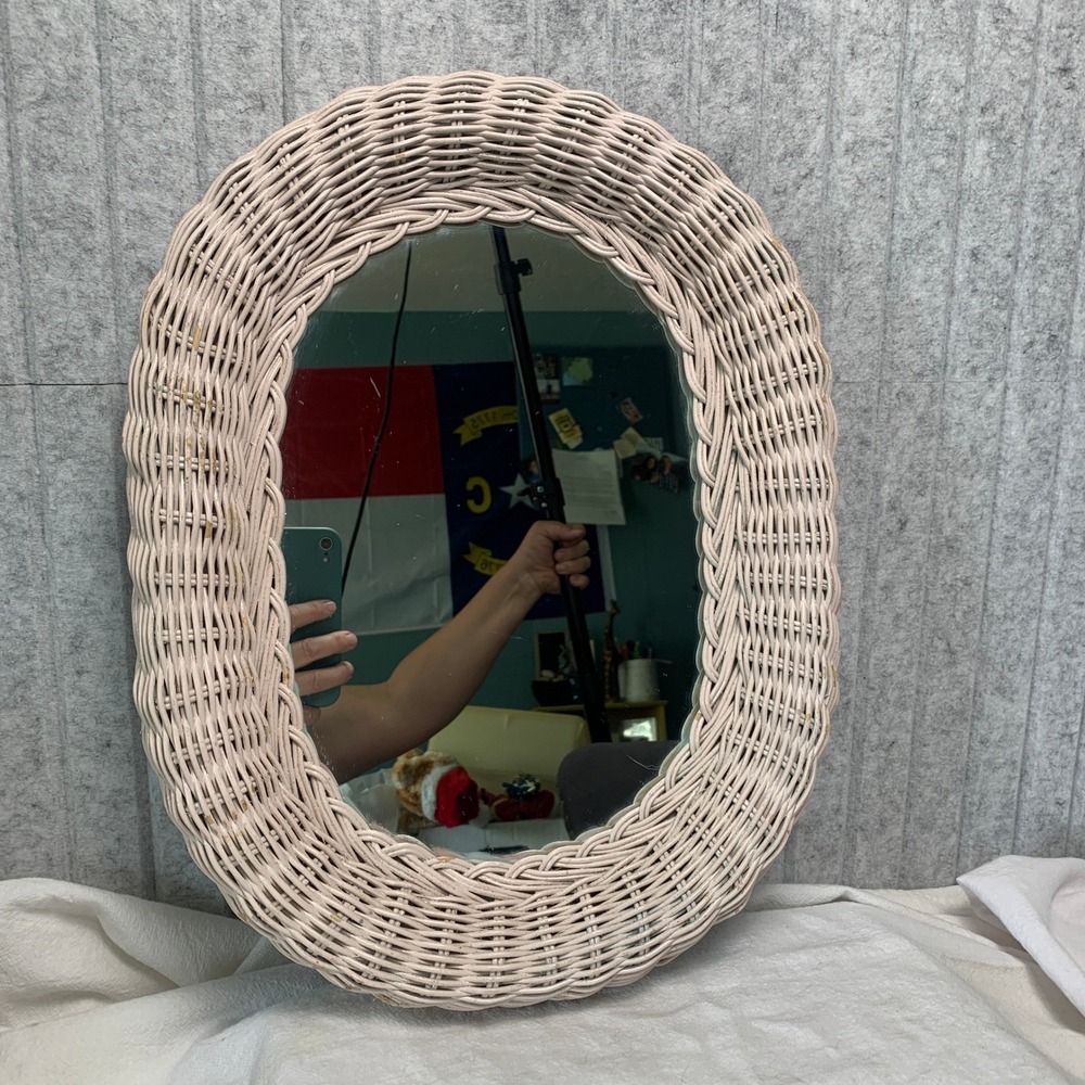 Vintage Oval Wicker Wall Mirror Pale Pink Woven Rattan Cottagecore Boho 16x12